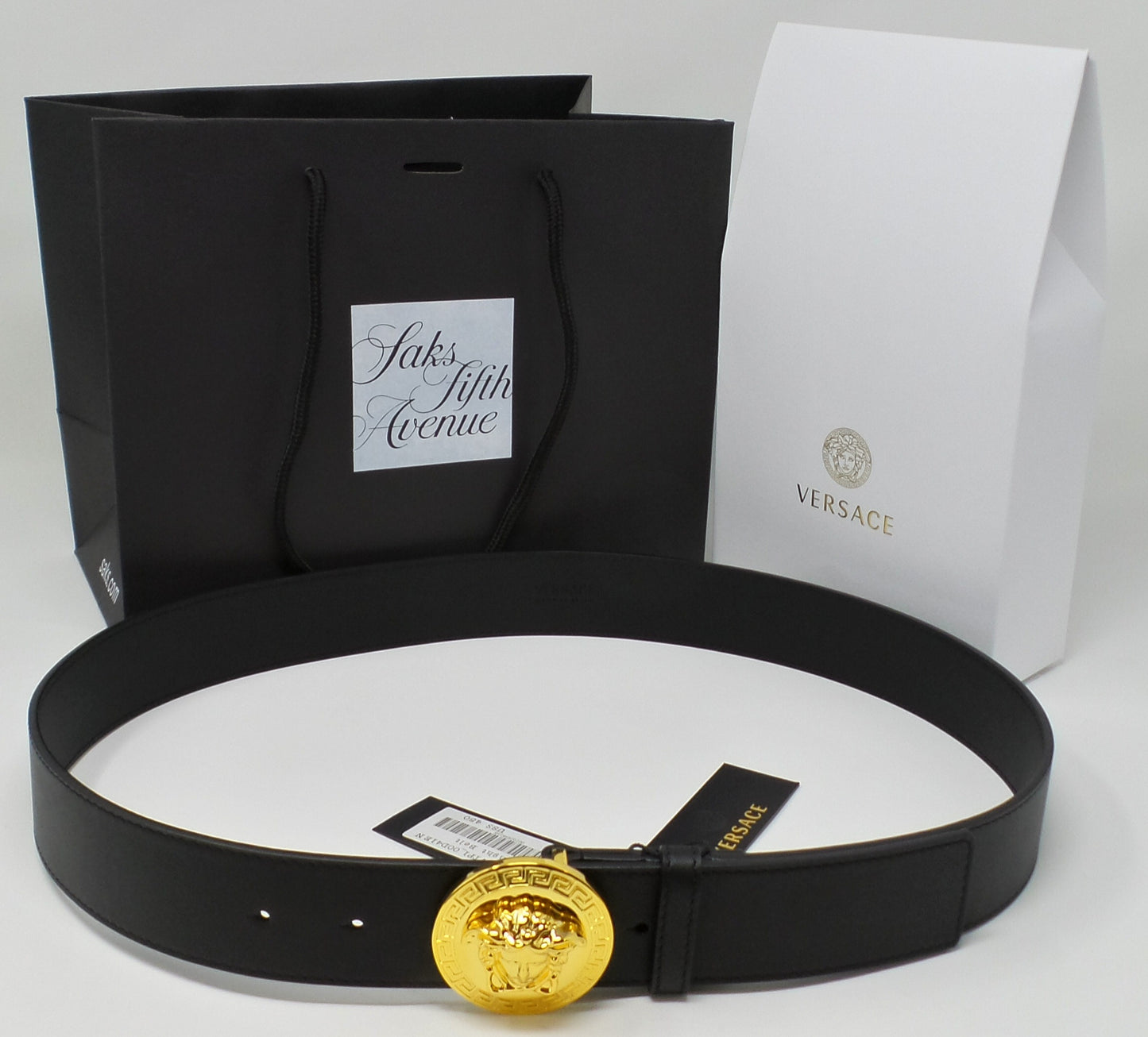 Gold Medusa Round Buckle Belt Black Leather