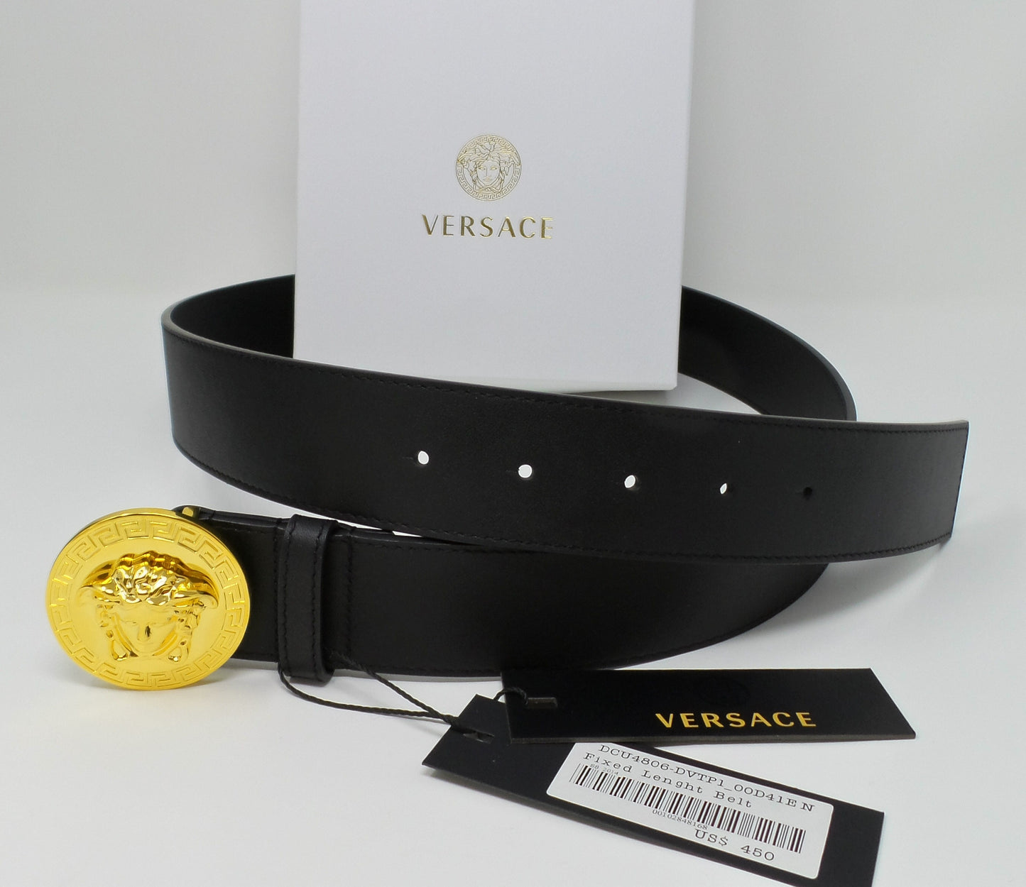 Gold Medusa Round Buckle Belt Black Leather