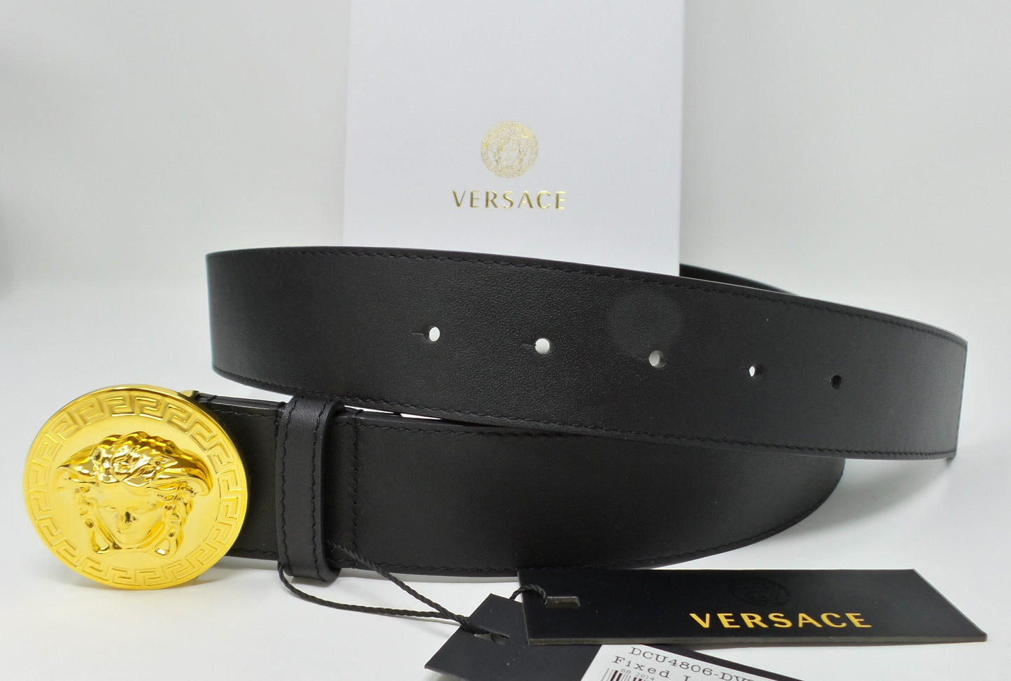 Gold Medusa Round Buckle Belt Black Leather