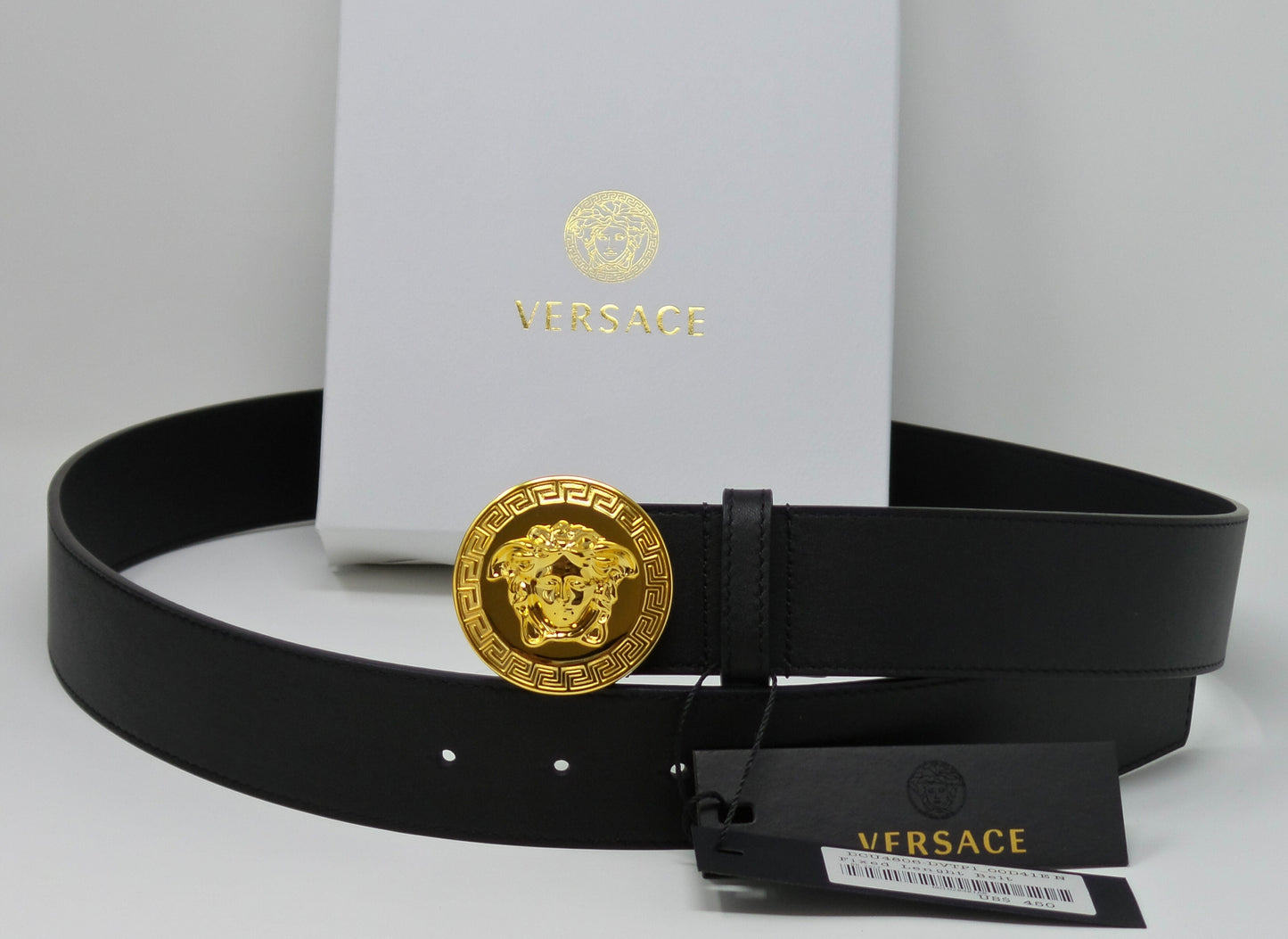 Gold Medusa Round Buckle Belt Black Leather