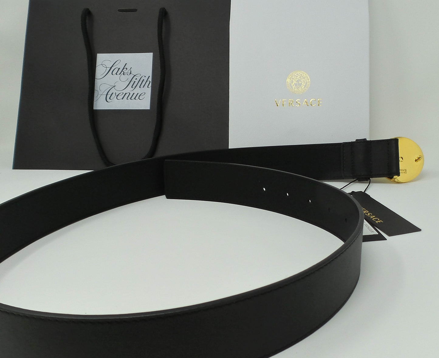 Gold Medusa Round Buckle Belt Black Leather