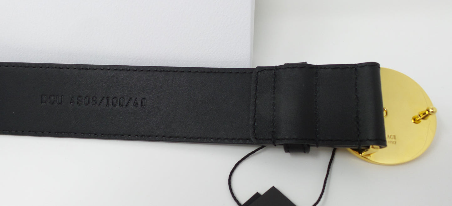 Gold Medusa Round Buckle Belt Black Leather