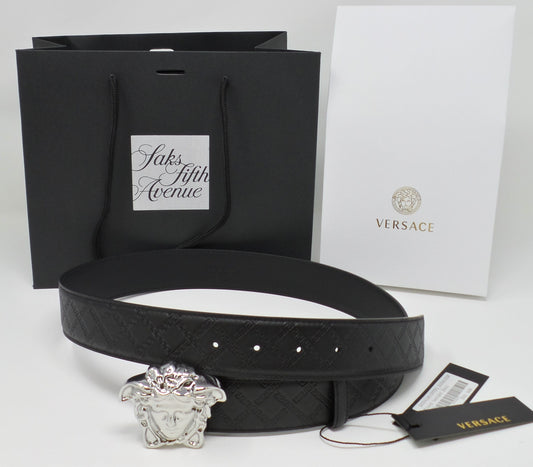 Black Leather Belt With Silver Medusa Buckle Unisex