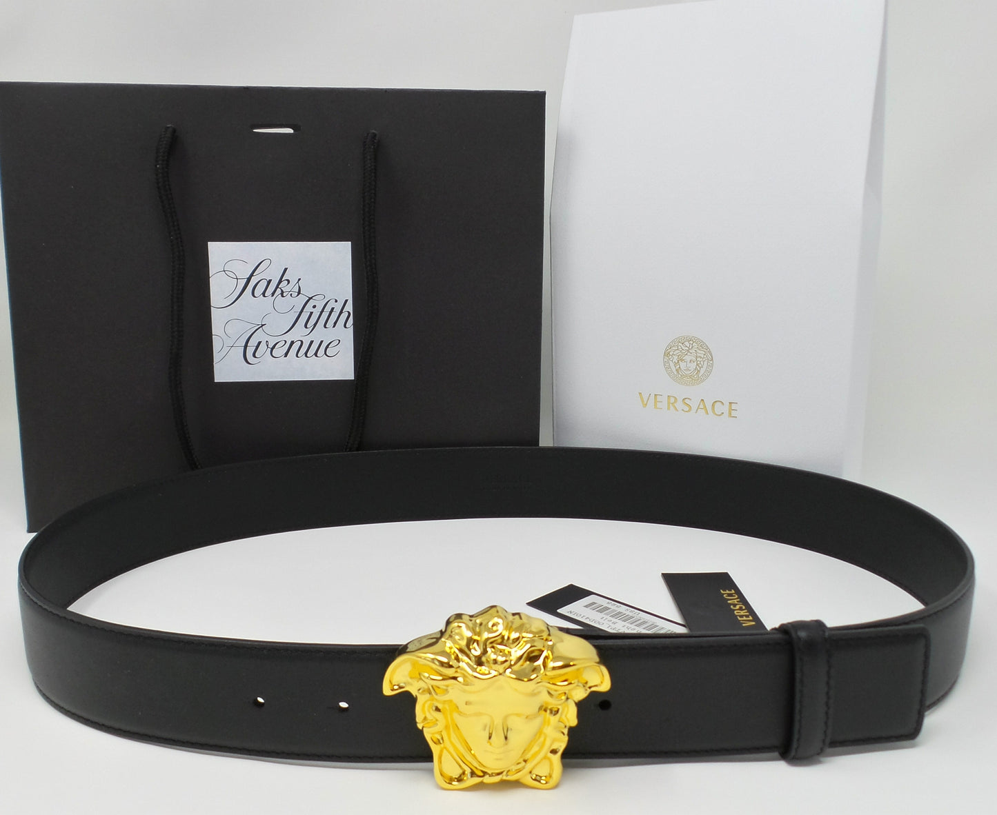 Black Leather Belt With Gold Medusa Buckle Unisex