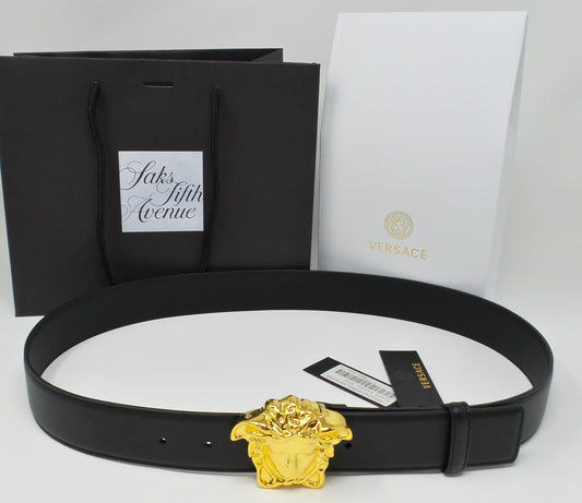 Black Leather Belt With Gold Medusa Buckle Unisex