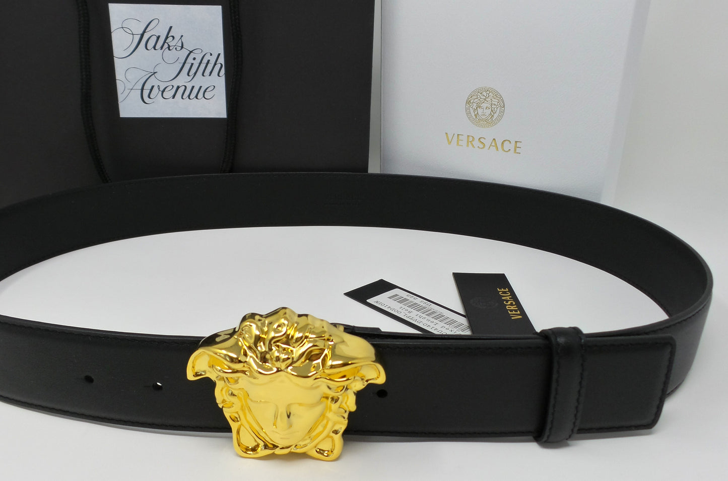 Black Leather Belt With Gold Medusa Buckle Unisex