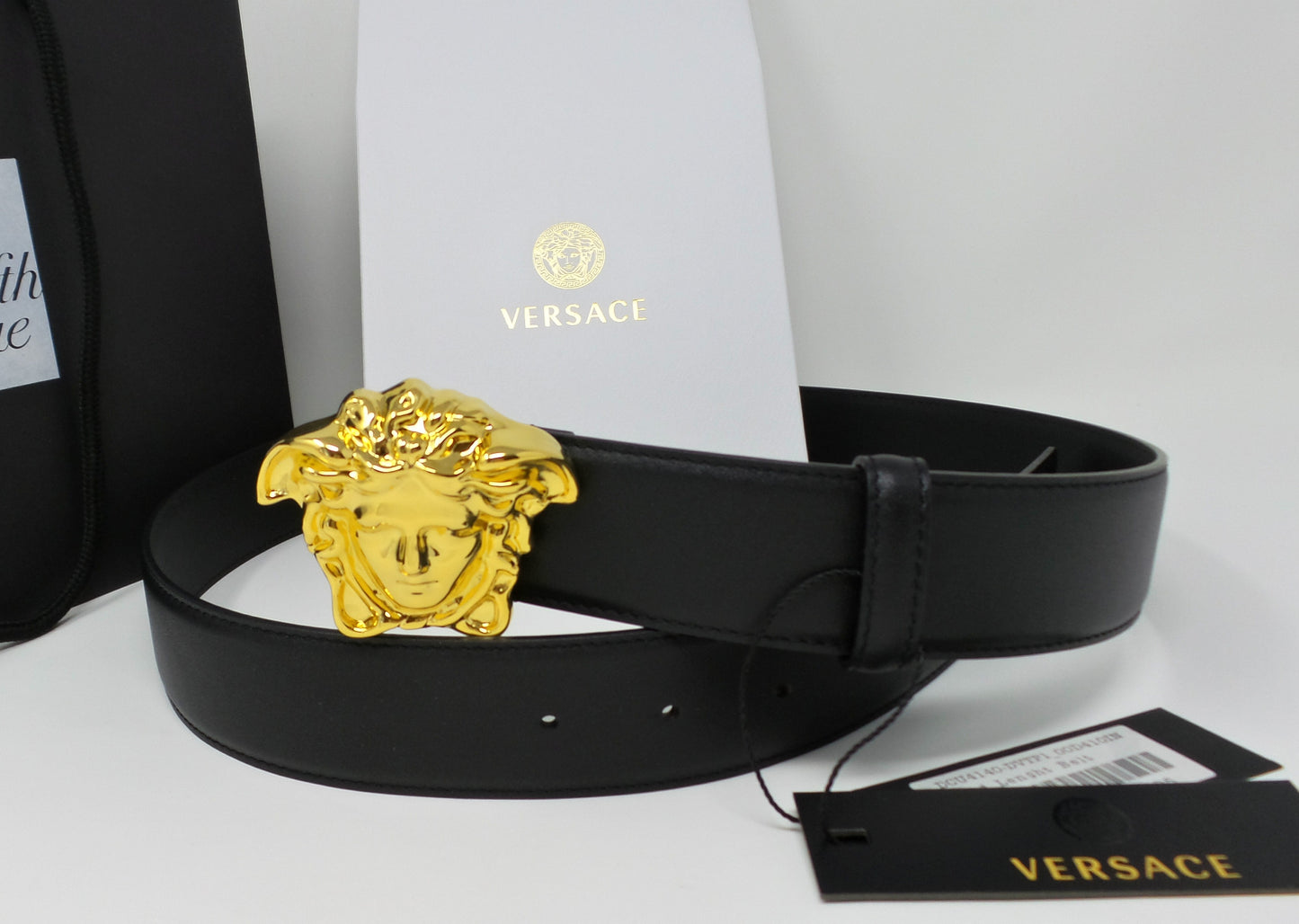Black Leather Belt With Gold Medusa Buckle Unisex