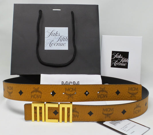 Cognac Monogram Belt With Tech Logo Gold Buckle