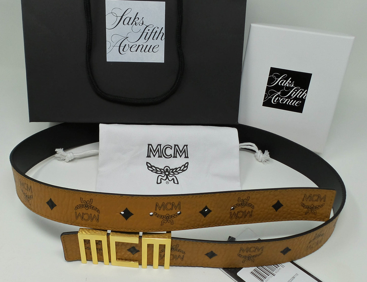 Cognac Monogram Belt With Tech Logo Gold Buckle