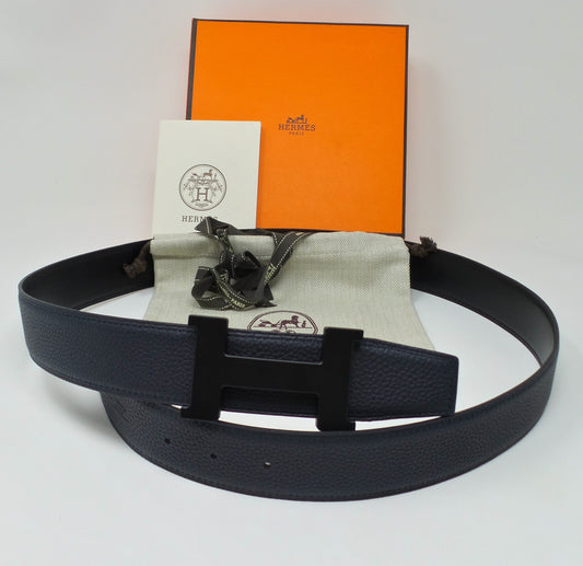 Reversible Black And Navy Blue  Belt With Black H Buckle