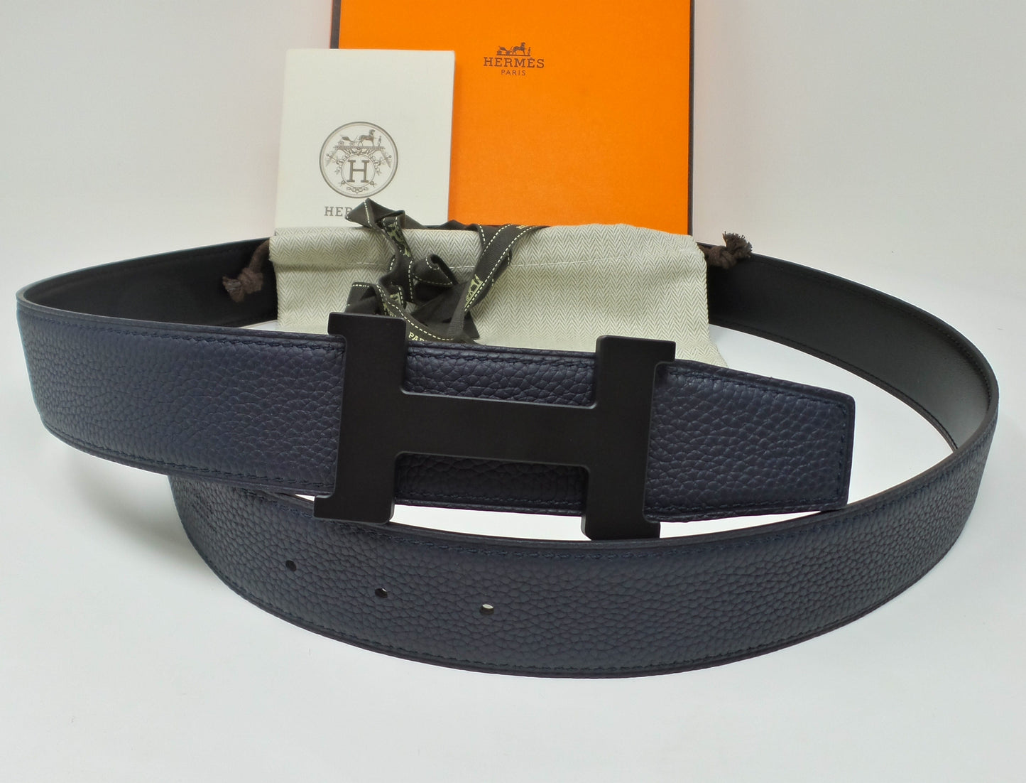Reversible Black And Navy Blue  Belt With Black H Buckle