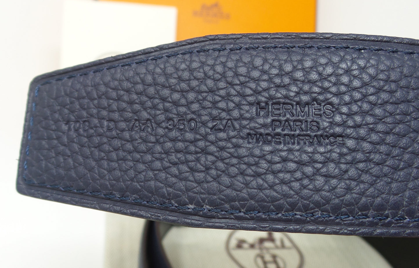 Reversible Black And Navy Blue  Belt With Black H Buckle
