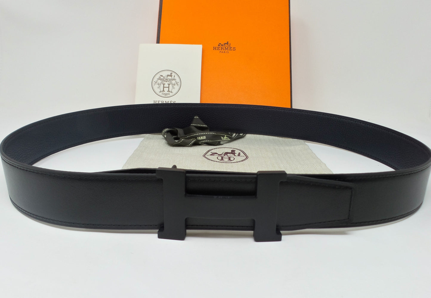 Reversible Black And Navy Blue  Belt With Black H Buckle