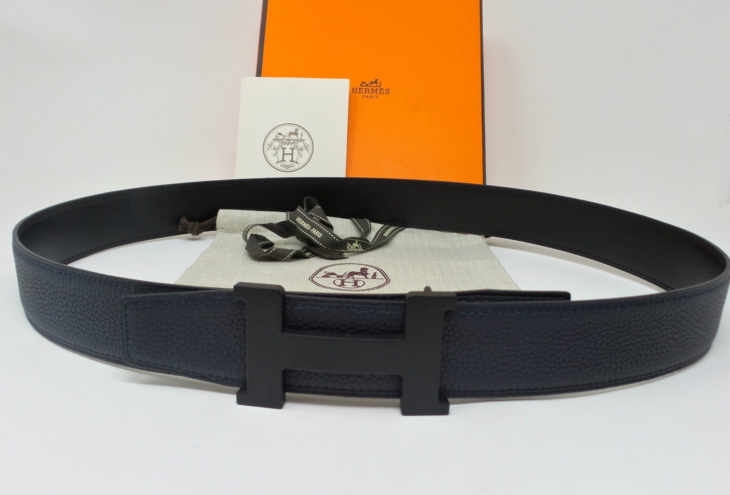 Reversible Black And Navy Blue  Belt With Black H Buckle