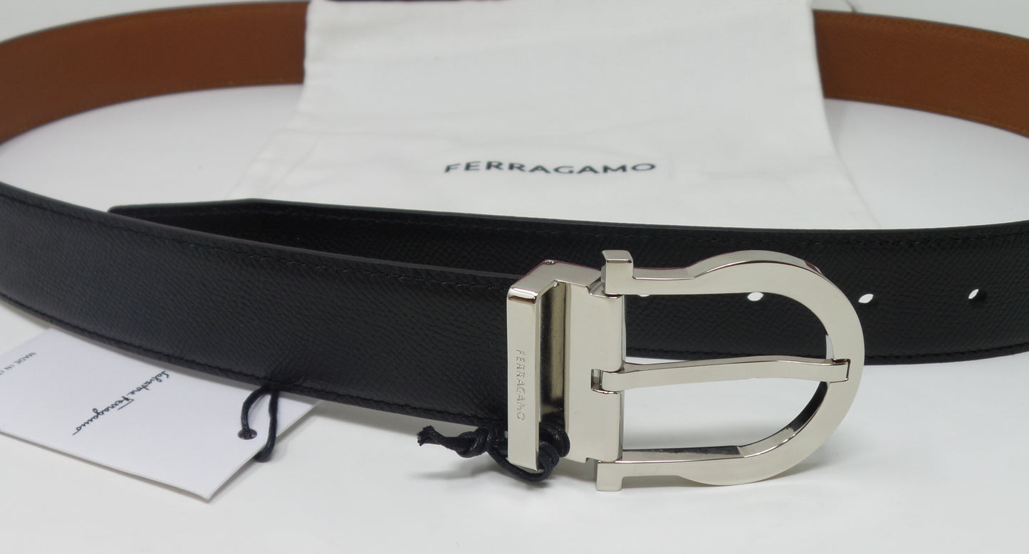 Reversible Belt Black / Brown Leather Silver Gancini Adjustable