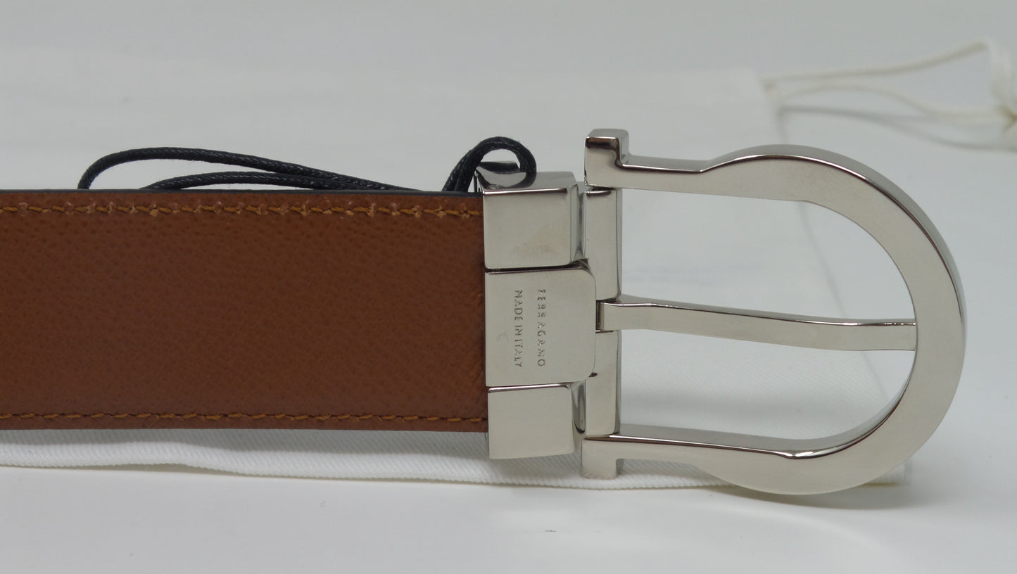 Reversible Belt Black / Brown Leather Silver Gancini Adjustable