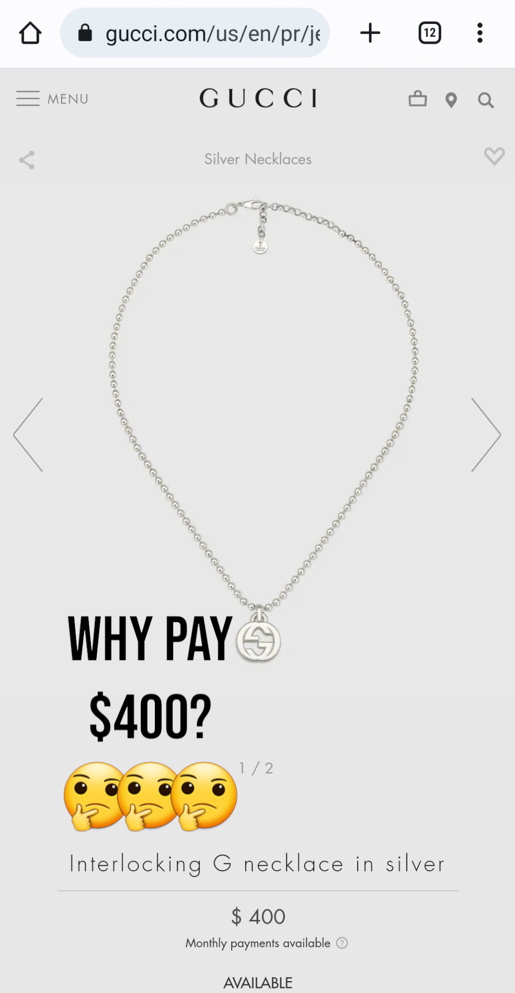 925 Silver Shiny Interlocking G Necklace