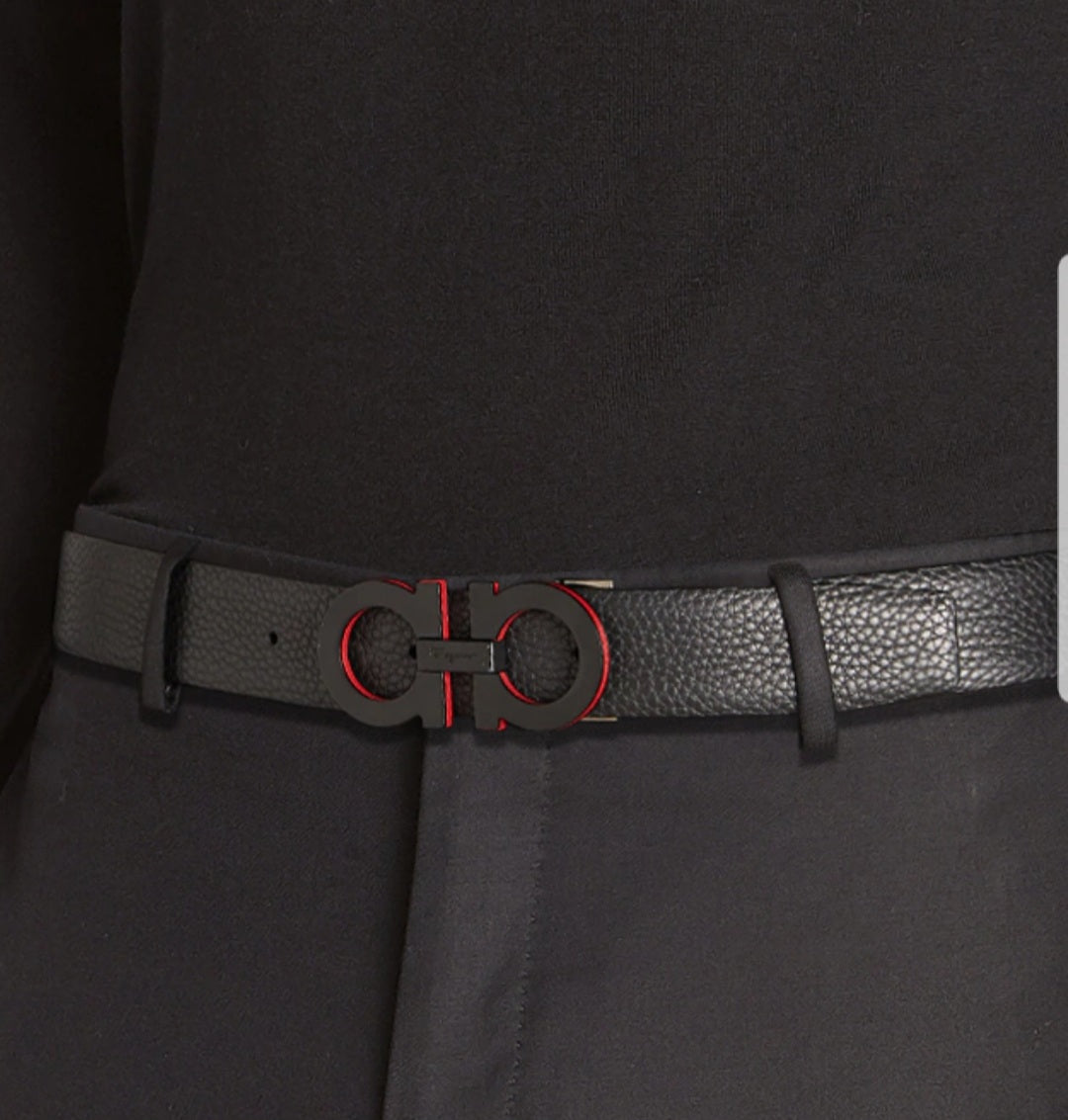 New Adjustable Gancini Belt Black Leather Unisex Black / Red Medium Buckle