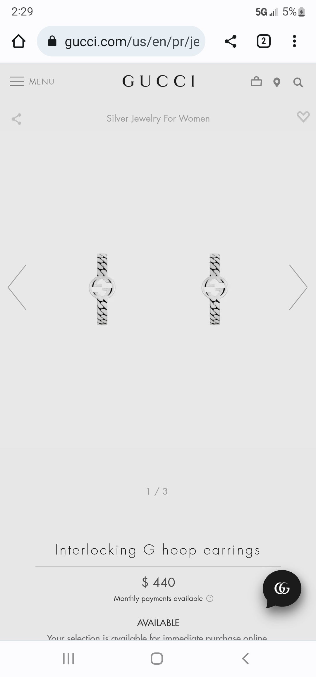 New 925 Silver Hoop Earrings Interlocking G