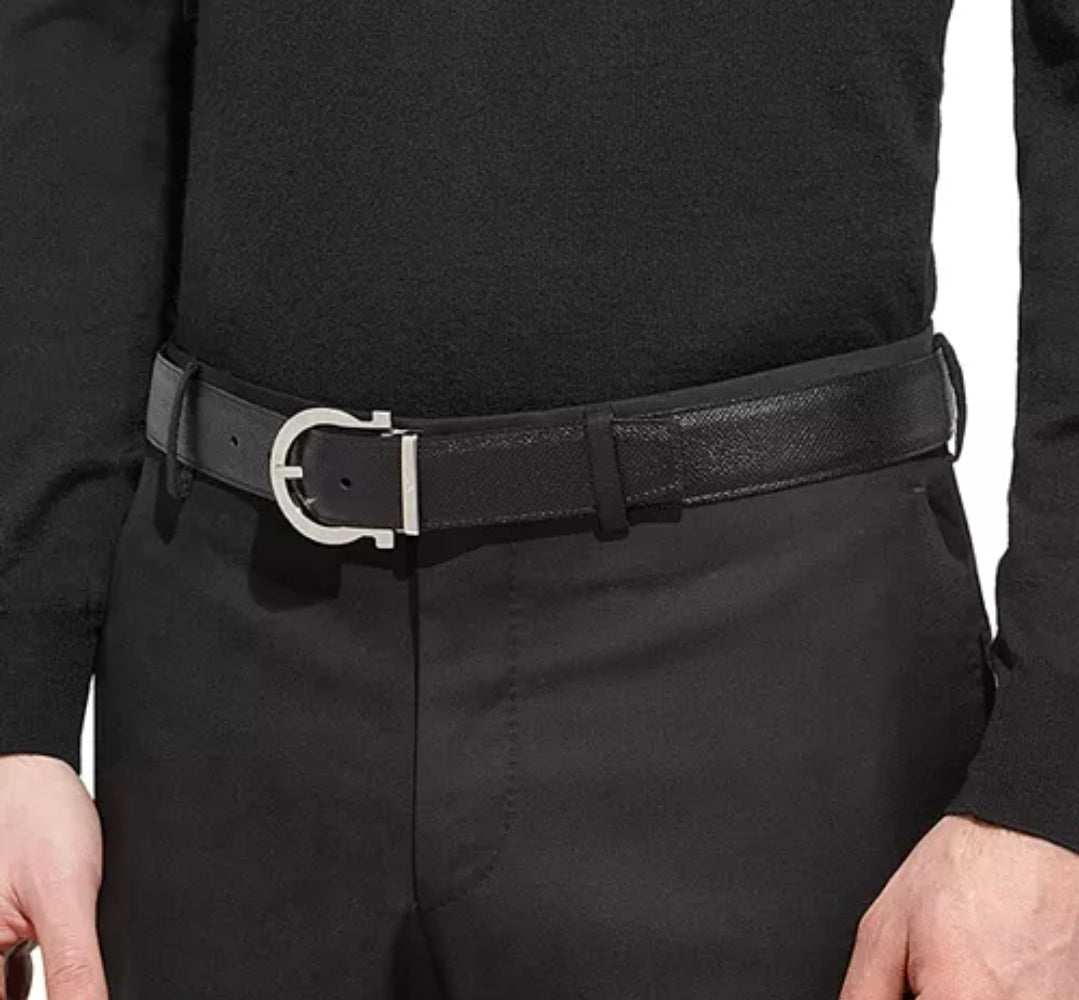 Reversible Belt Black / Brown Leather Silver Gancini Adjustable