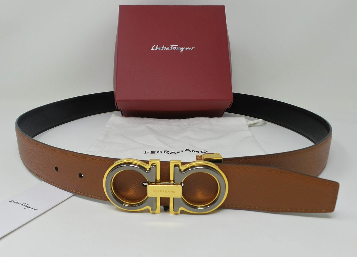 Reversible Belt Black / Brown Leather With Layered Gold Grey Gancini Buckle
