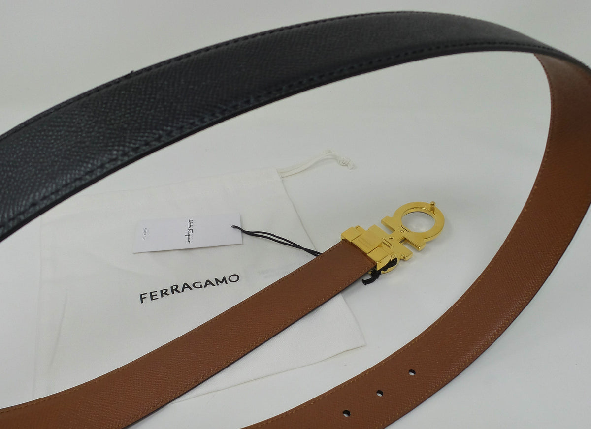 Reversible Belt Black / Brown Leather With Layered Gold Grey Gancini Buckle