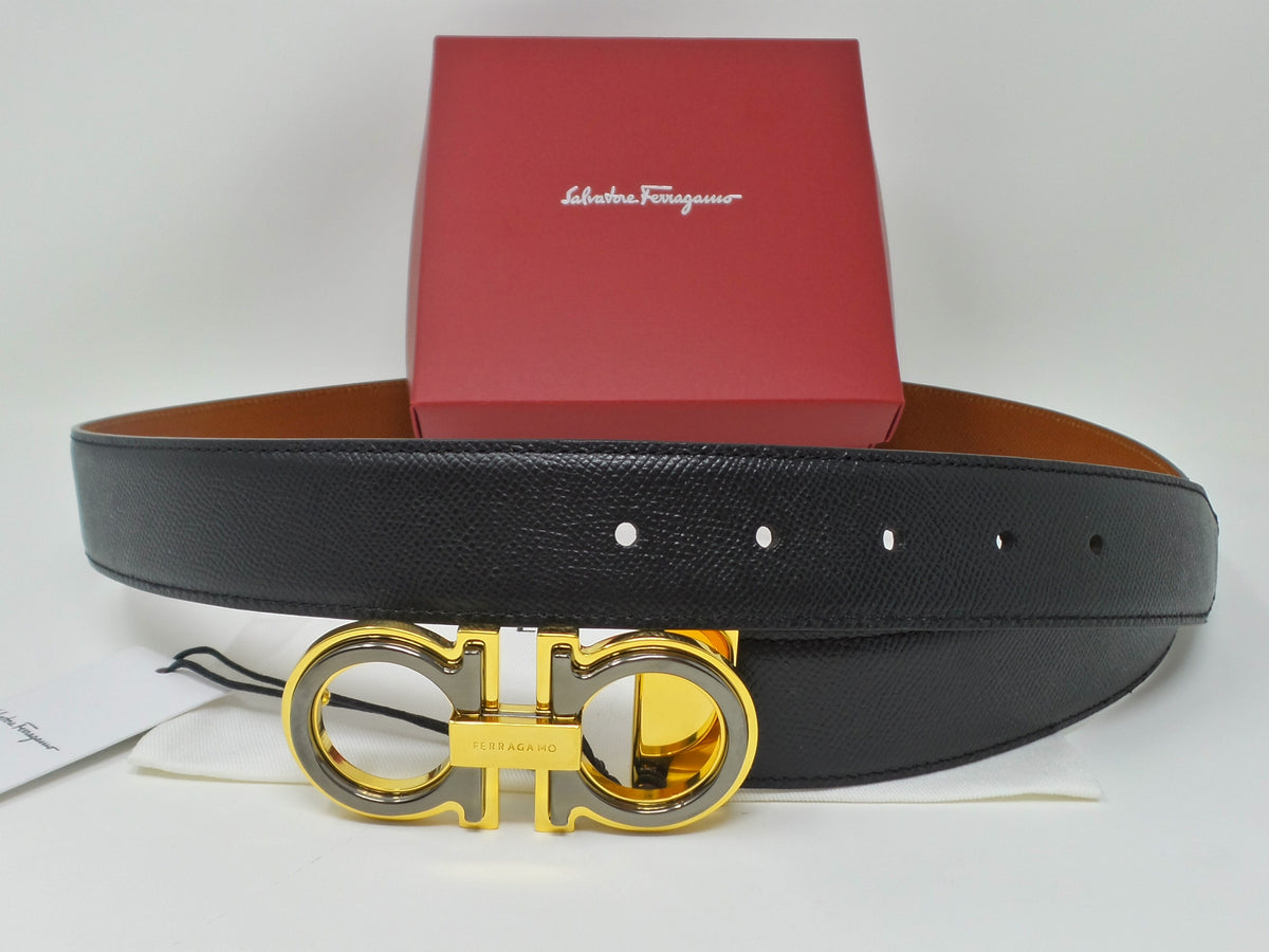 Reversible Belt Black / Brown Leather With Layered Gold Grey Gancini Buckle