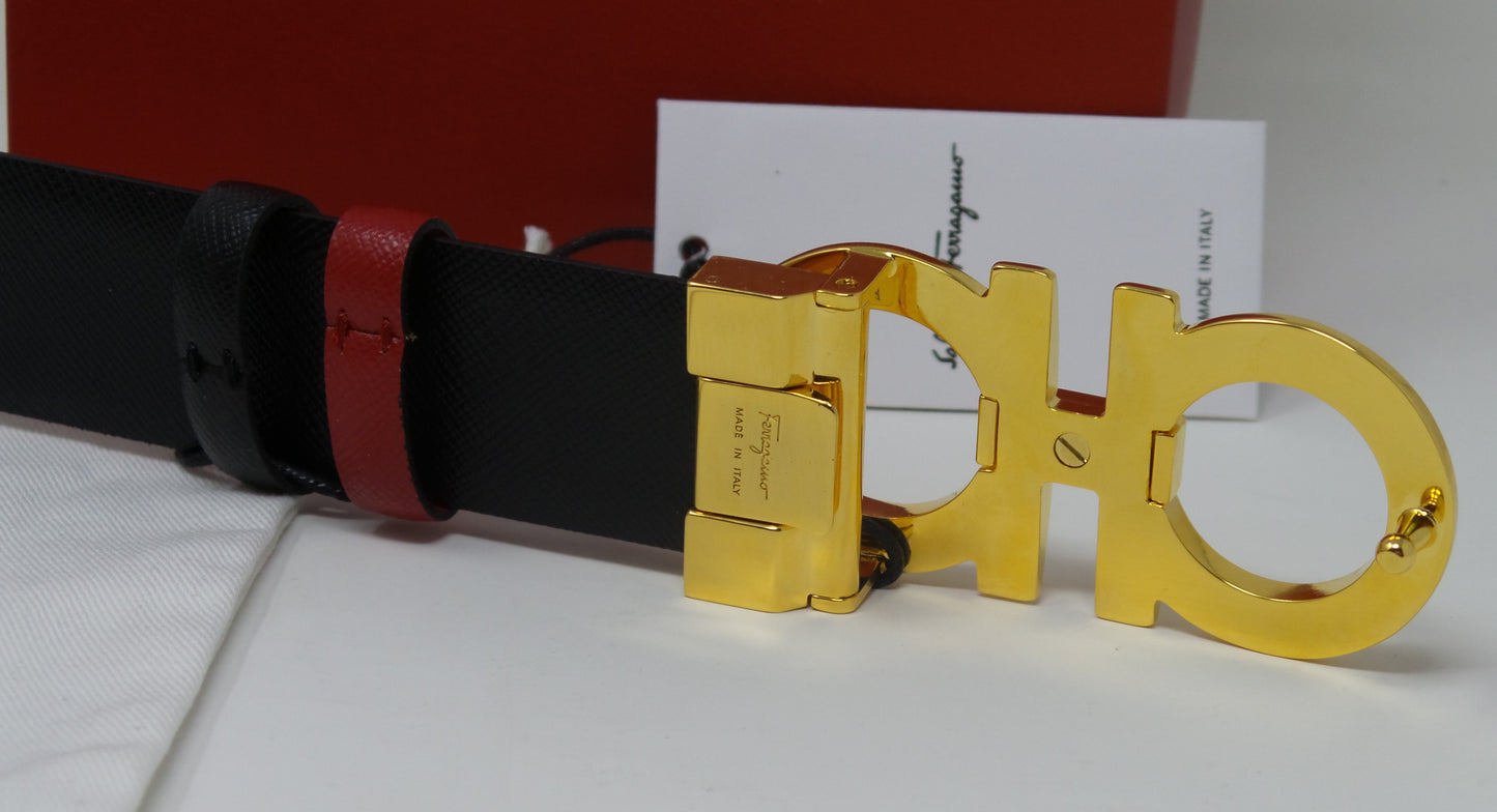 Black / Red Reversible And Adjustable Belt Medium Gold Buckle