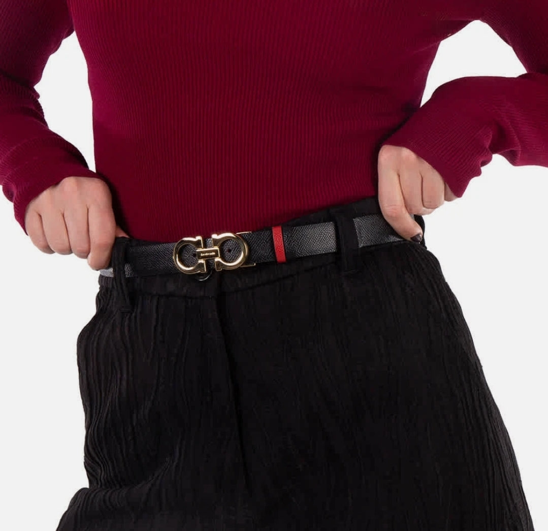 Black / Red Reversible And Adjustable Belt Medium Gold Buckle