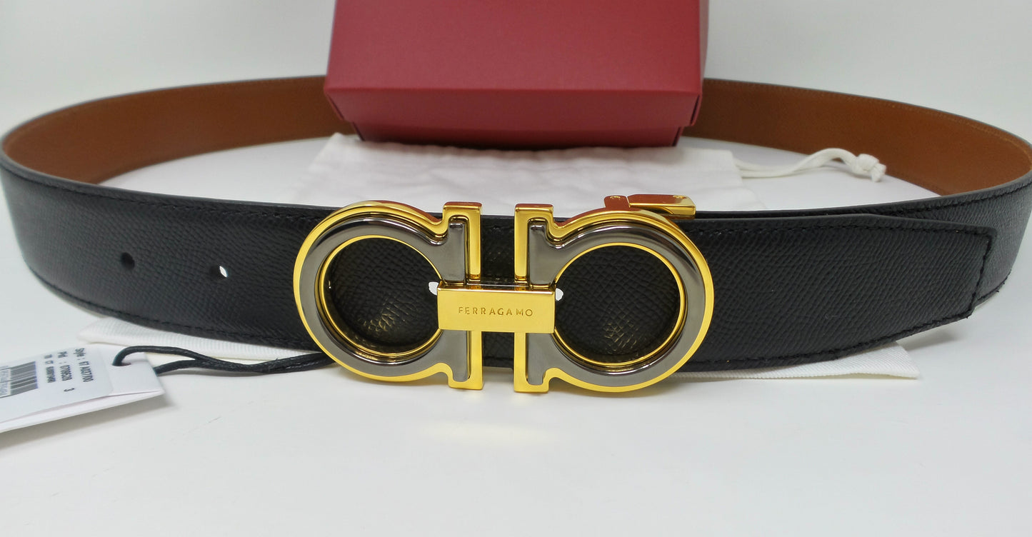 Reversible Belt Black / Brown Leather With Layered Gold Grey Gancini Buckle