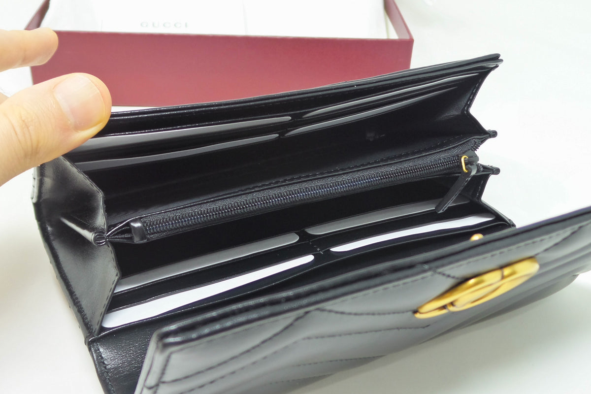 Black Leather Continental Wallet with Matte Brass Marmont G