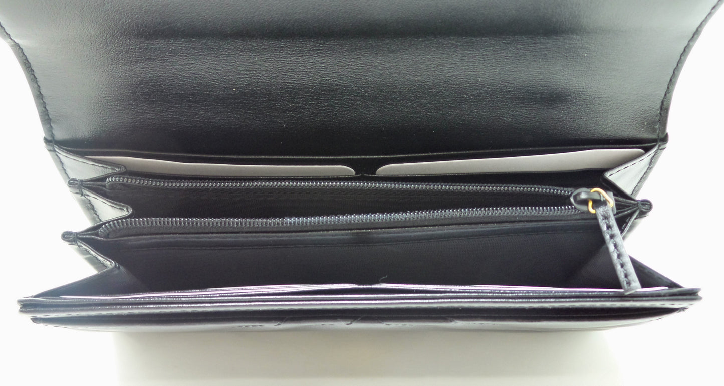 Black Leather Continental Wallet with Matte Brass Marmont G