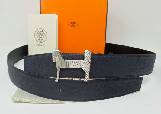 Reversible Navy Blue / Black Belt With Silver Horse H Buckle