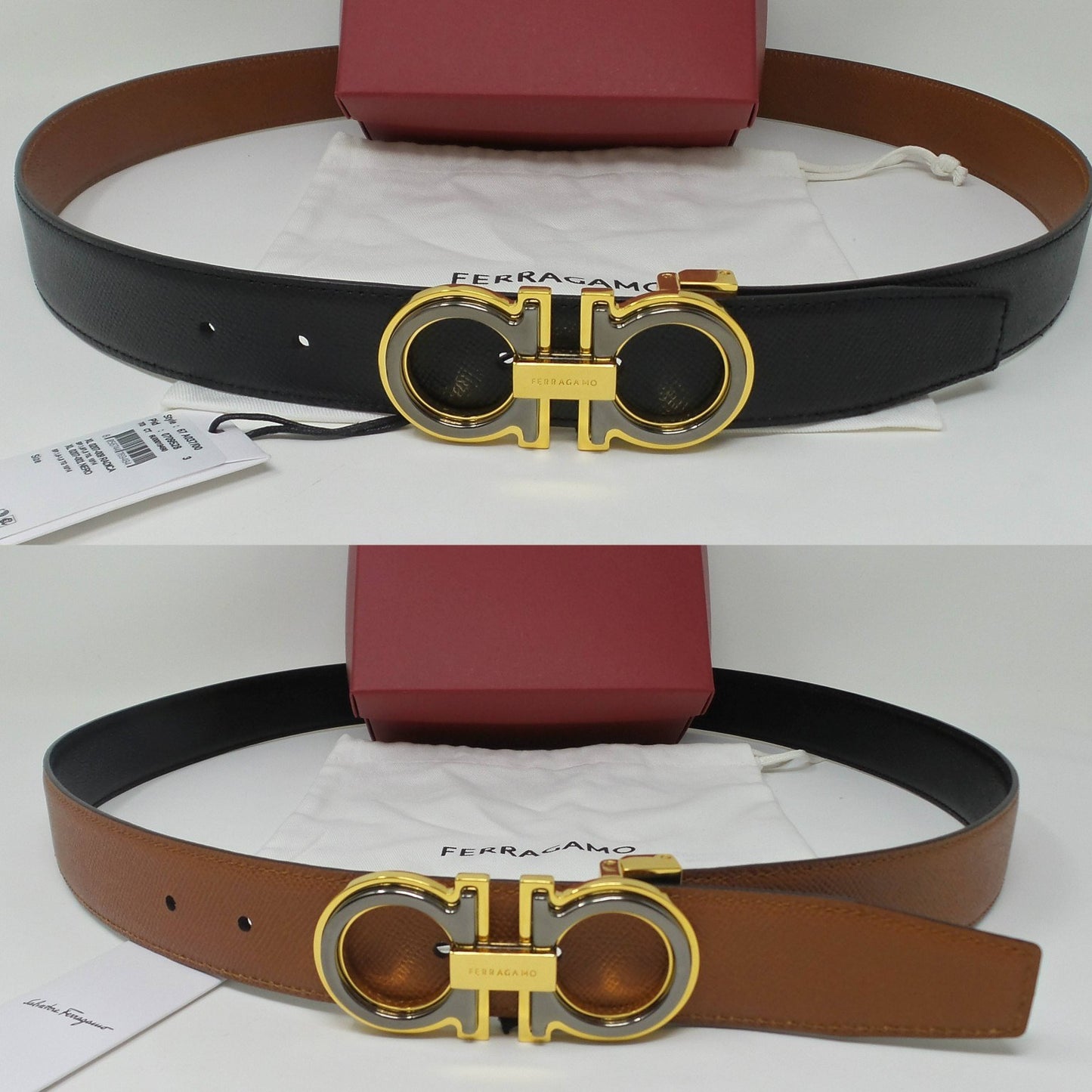 Reversible Belt Black / Brown Leather With Layered Gold Grey Gancini Buckle