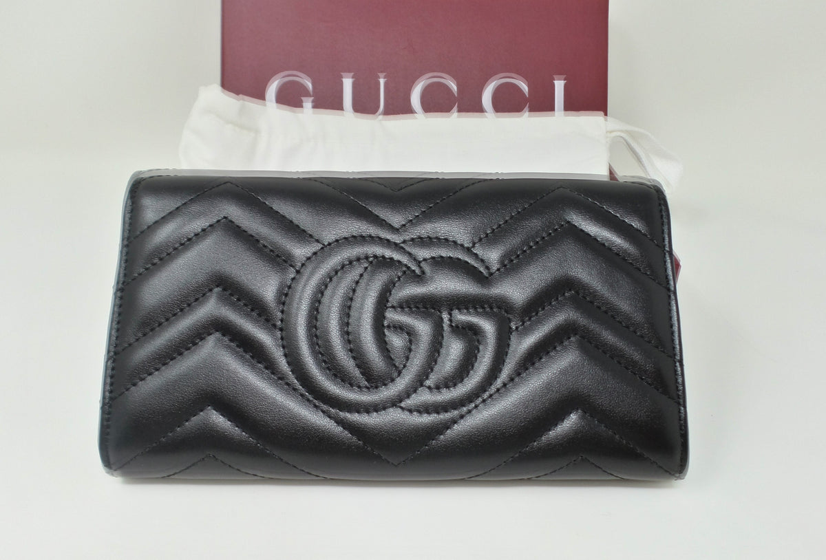 Black Leather Continental Wallet with Matte Brass Marmont G
