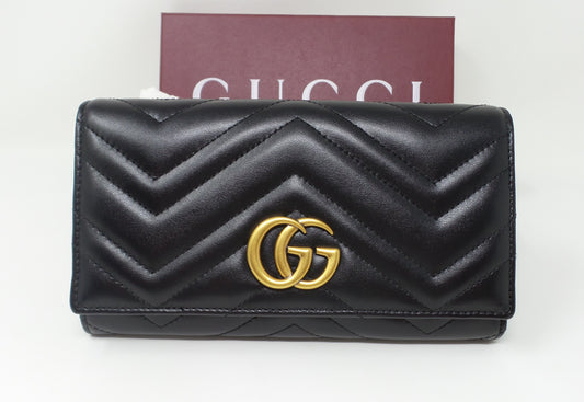Black Leather Continental Wallet with Matte Brass Marmont G
