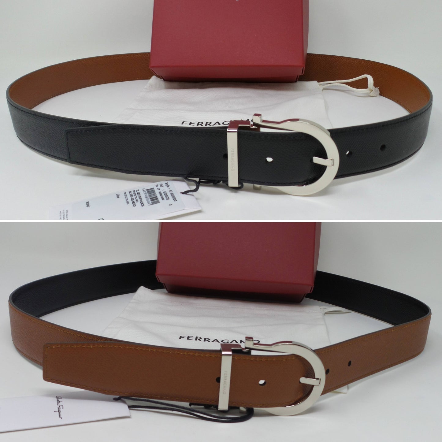 Reversible Belt Black / Brown Leather Silver Gancini Adjustable