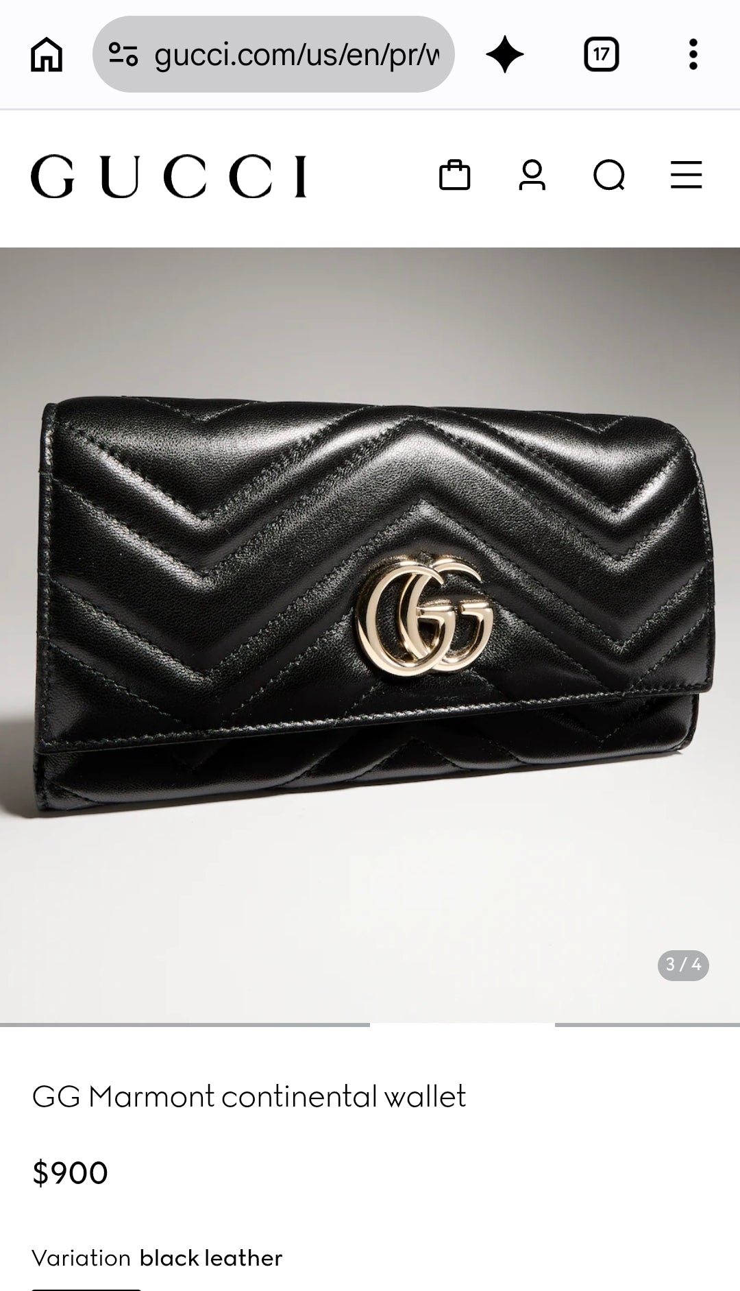 Black Leather Continental Wallet with Matte Brass Marmont G