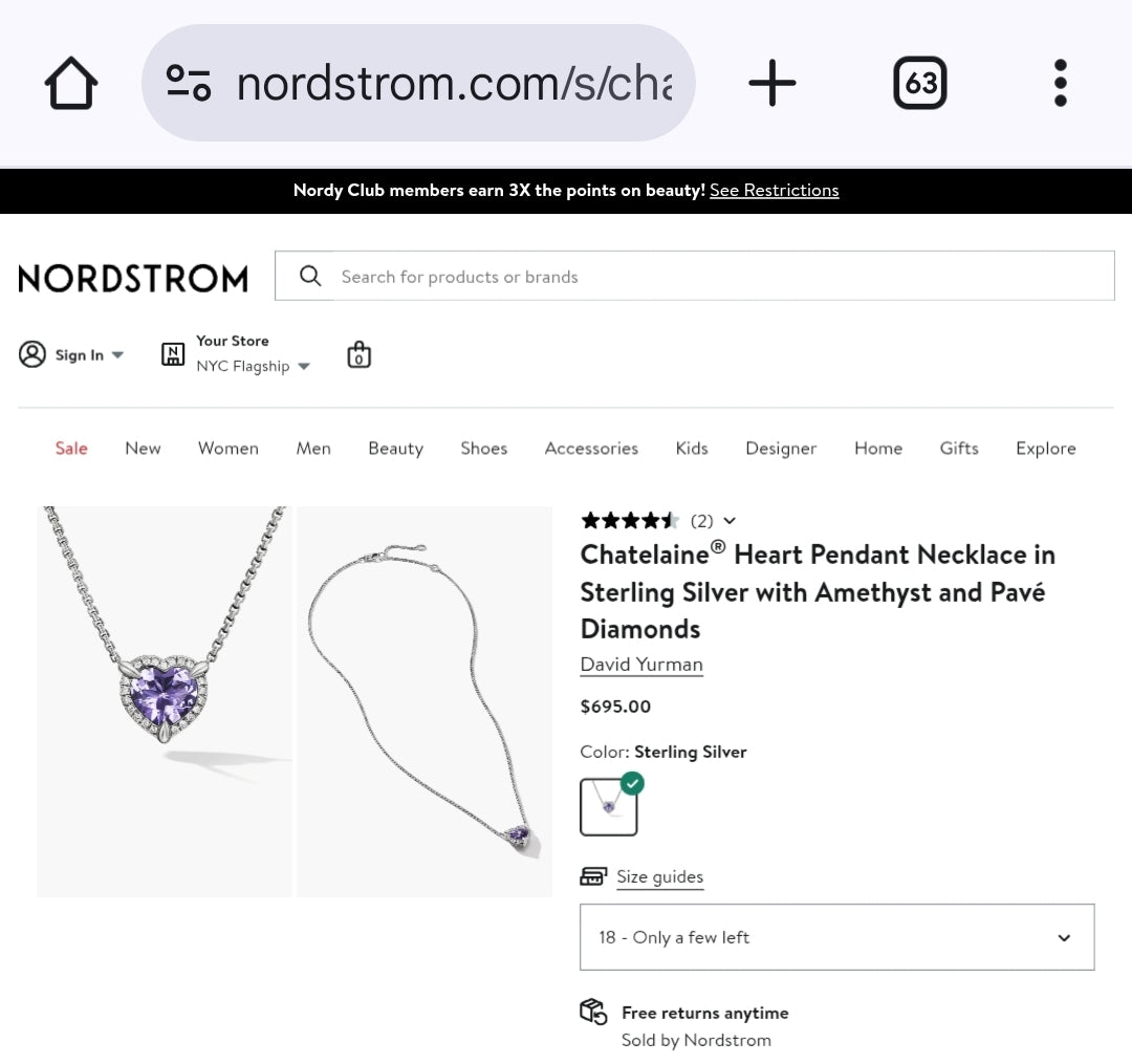 Chatelaine Necklace With Amethyst Heart Pendant Sterling Silver