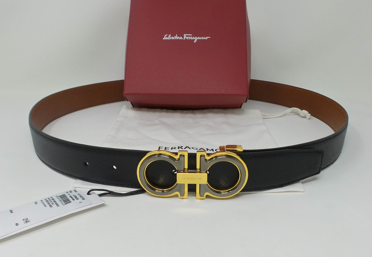 Reversible Belt Black / Brown Leather With Layered Gold Grey Gancini Buckle