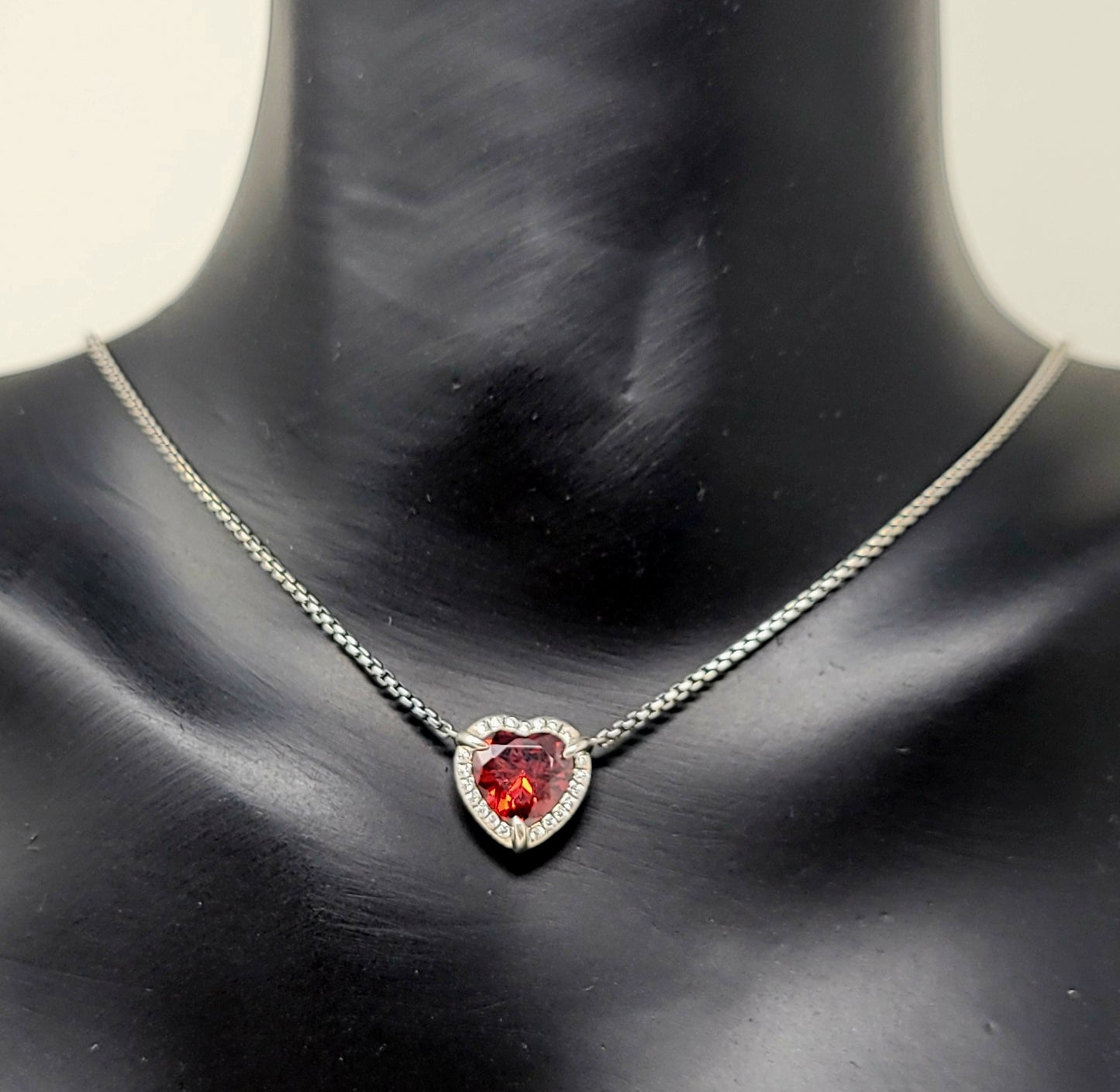 Chatelaine Necklace With Garnet Heart Pendant Sterling Silver
