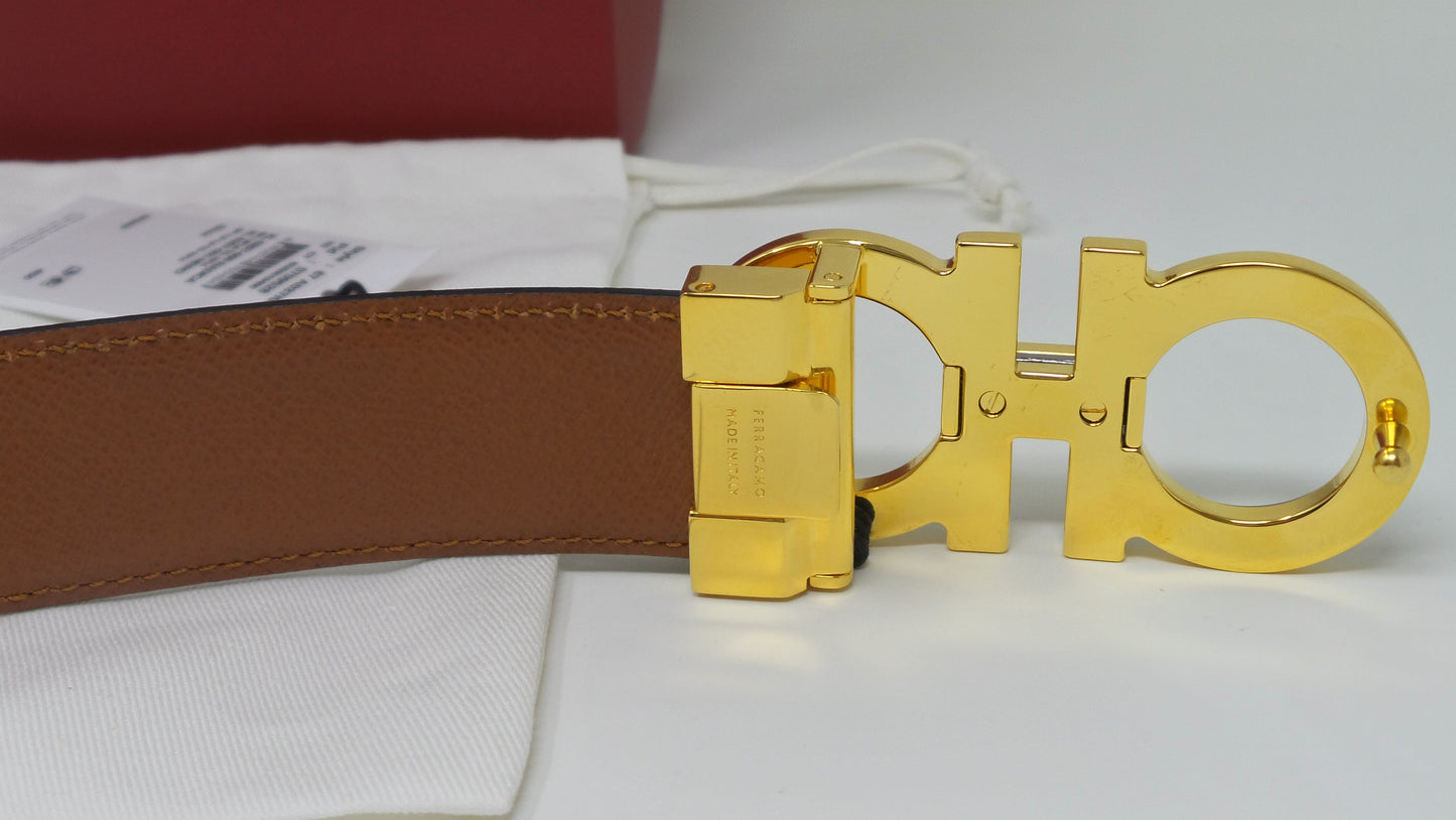Reversible Belt Black / Brown Leather With Layered Gold Grey Gancini Buckle